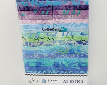 Island Batik, Aurora, 40pc 2.5"×42" strips, Quilting, crafts, cotton, beautiful blues, purples & light green