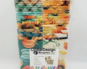 Fall Jelly Roll Fabric, Give Thanks, Benartex - (40) 2.5" x42" Quilt, cotton, pumpkins, sunflowers, greens, orange, fall