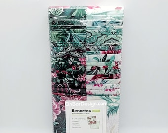 Jelly Roll Fabric, Winterberry Floral, Kanvas, Benartex - (40) 2.5" x42" Quilt, cotton, beautiful greens, pinks, white, black