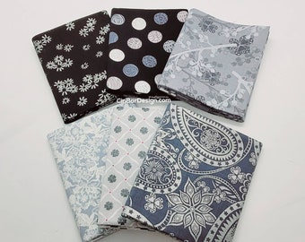 Fat Quarter Bundle 6 pcs FQ - various gray and black some pieceswith metallic thread, all cotton quilt fabric, Benartex