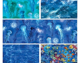 Ocean Fabric, Oceana (5) 1 yard Bundle, quilt cotton, blue ocean, quilt, fish, water, coral, Benartex