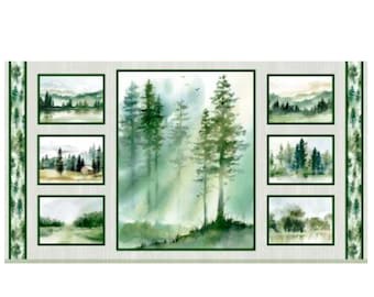 Fabric Panel, Misty Vista, 21.5&quot;H x 44/45&quot;W,  P&B Textiles, all cotton, quilt panel beautiful forest scenery, watercolor effect, NEW