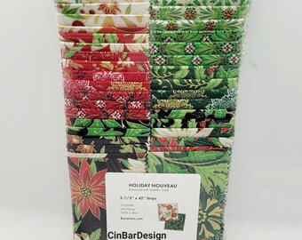 Christmas Jelly Roll Fabric, Holiday Nouveau, Kanvas Benartex - (40) 2.5" x 42" Quilt, cotton, green, red, black, white & enhanced with gold