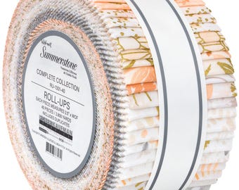 Jelly Roll, Summerstone, Robert Kaufman, 40 pc- 2.5" x 44" Roll Up. Beautiful light peach,  beige, grays, with gold detailing