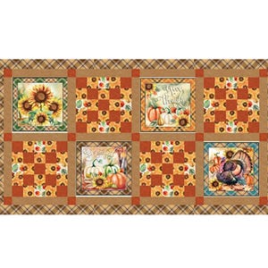 May include: A rectangular patchwork fabric featuring a fall theme. The design includes squares with sunflowers, pumpkins, and a turkey. The border has a brown plaid pattern, and the squares are framed with a solid brown color.