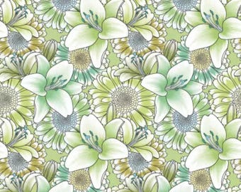 Cotton Fabric, Lilies Mint - Begins with Mum, By the Yard, Benartex Fabric, Quilt , fun medium floral whimsical