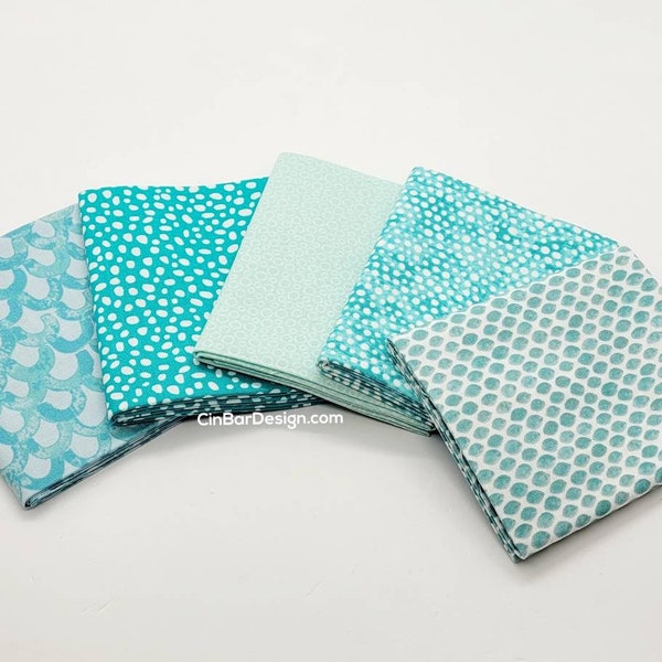 Fat Quarter Bundle 5 pcs FQ - Bird's Egg & Sea Foam colors, all cotton quilt fabric, Benartex