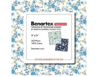 Charm Pack Fabric - Veranda (42) 5"×5" Benartex Fabrics, cotton, quilt, beautiful blue floral