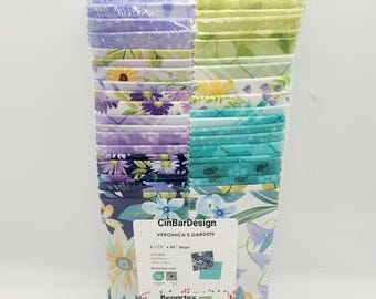 Jelly Roll Fabric, Veronica's Garden, 2.5 × 42 inch, Benartex, strip-pies, quilt cotton, beautiful, green, purple, teal, floral, New 2026
