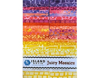 Batik Fabric, Island Batik - Juicy Mosaics, 40 pc 2.5"×42" strips, Quilting, crafts, cotton, beautiful batiks, purple, yellow, orange