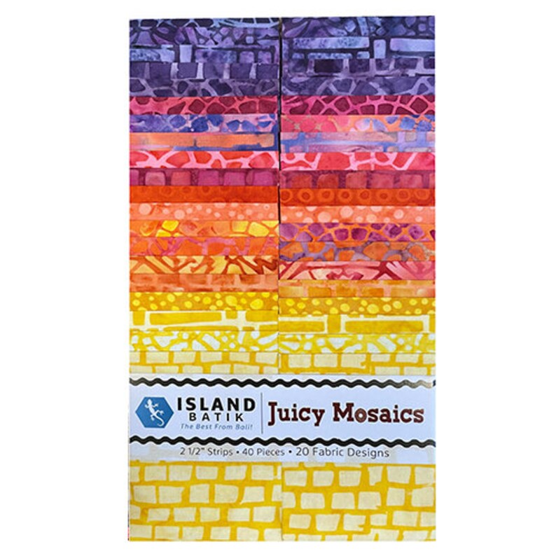 Batik Fabric, Island Batik Juicy Mosaics, 40 pc 2.542 strips, Quilting, crafts, cotton, beautiful batiks, purple, yellow, orange image 1