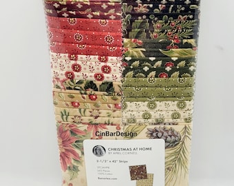 Christmas Jelly Roll Fabric, Christmas at Home, Benartex - (40) 2.5" x 42" Quilt, cotton, green, red, black, beige & enhanced with gold, NEW