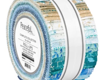 Jelly Roll, Peaceful, 40 pc 2.5"×42" Robert Kaufman, Quilt, crafts, cotton, dove, Christmas tree, branch, pine, blues, whites, beige