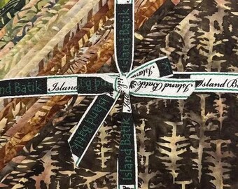 Earthtone Batik Fabric, Island Batik, Whispering Woods, 42 pc 10"×10" strips, Quilting, crafts, cotton, beautiful browns, greens