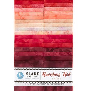 May include: A fabric bundle featuring 40 strips of batik fabric in shades of red, ranging from light coral to deep burgundy. The label reads "Island Batik Ravishing Red" with the dimensions of the strips being 2 1/2 inches.