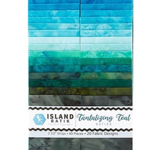 May include: A pack of 40 teal, blue, and green fabric strips, each measuring 2 1/2 inches wide. The fabric strips are arranged in a gradient pattern, with the lightest shade at the top and the darkest shade at the bottom. The pack is labeled "Island Batik Tantalizing Teal Batiks".