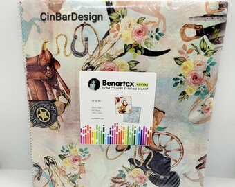 Horse Country Fabric, 10x10, Gone Country (42 pcs), Benartex, cotton quilt, horse, roses, ropes, boots, NEW