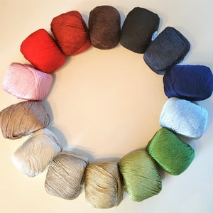 以下が含まれることがあります： ピンク、ブルー、グリーン、ブラウン、レッドなど、さまざまな色の糸玉の円。糸玉は白い表面に円形に配置されています。