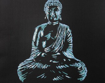 Painting "Buddha Figurine" | Acrylics Picture | Handmade Original | Jade Blue Meditation Japan China Buddhism Decoration Meditating Sitting