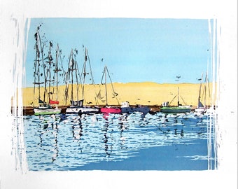Painting "Boats" | Acrylic painting hand-painted original | Harbor Mediterranean Sea Italy Spain Fishing Boats Reflection Water Midday Siesta Holiday