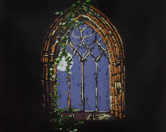 Painting "Gothic Window" | Acrylics Picture | Original Handmade | Abbey Monastery Full Moon Monks Night Peaceful Contemplation Prayer Unique