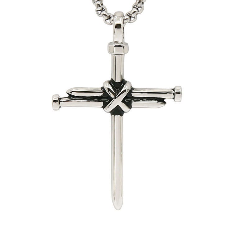 Nail Cross Necklace with Wrapped Wire Accent Silver Pewter Gift Box