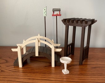 Fairy Garden/Doll House Scene - Miniature step bridge, pergola entryway, birdfeeder, birdbath and birdhouse
