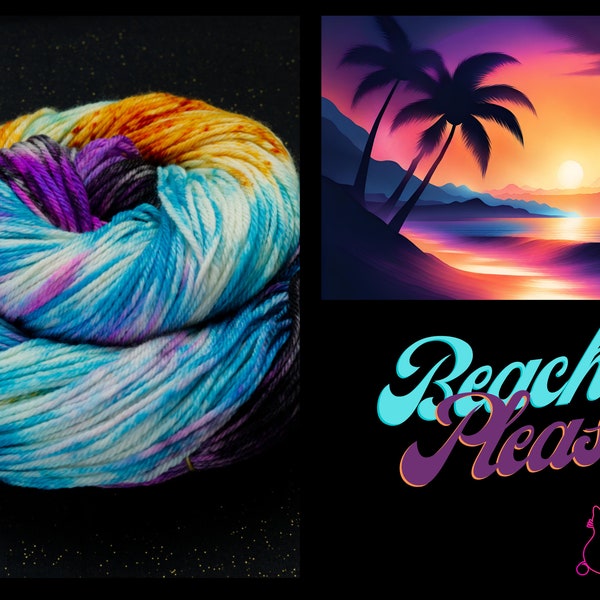 Beach, Please | Hand Dyed Yarn | Worsted Weight | Merino Wool | Purple | Orange | Blue | Black