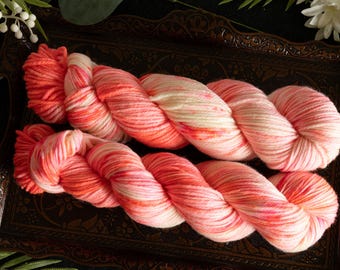 Hand Dyed Yarn | Worsted Weight | Superwash Merino Wool | Neon Red | White | "Watermelon"