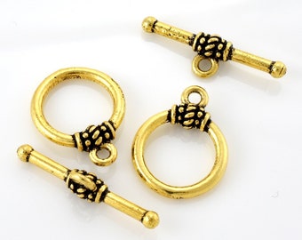 Bali Gold Knebelverschlüsse – vergoldet – Verschlüsse für Armbänder, echt vergoldete Verschlüsse zur Schmuckherstellung, Verschlüsse für Kumihimo, 2 Sets, 19 mm