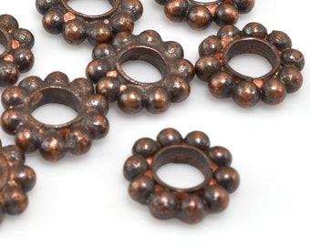 Copper Spacers 8mm - 22pc antique copper daisy Spacer beads, dark ageing copper Bali spacers jewelry making, Heishi spacers, copper beads