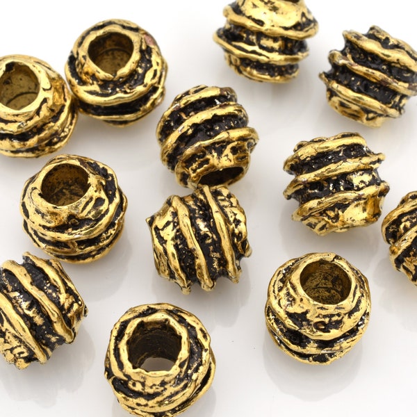 8mm -5pcs Artisan Gold Beads, Handmade Organic antique gold beads - large hole - rustic beads for leather cords 3.5mm hole