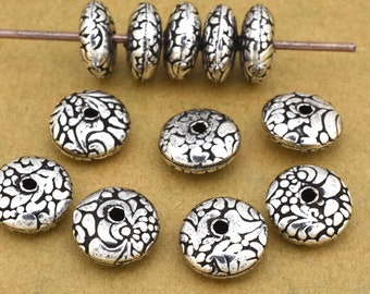 10mm - 12pc Antique Silver saucer Beads 10mm spacers for jewelry making, Silver plated beads, floral theme