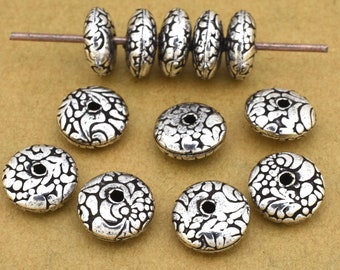 Silver Spacer Beads 10mm - 12pc Antique Silver saucer Beads, spacers for jewelry making, Silver plated beads, floral theme