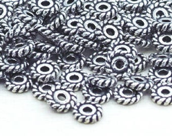 5mm - 100pc silver plated spacers, twisted wire Heishi spacers, antique finish, round, coil shape flat spacers, Bali spacers