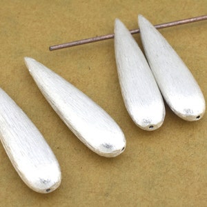 37mm - 4pc Long Drop Dangle Beads, silver plated brushed finish teardrop beads