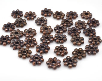 6mm -33pc Copper daisy spacers, antique dark copper Bali style copper spacer beads for jewelry making