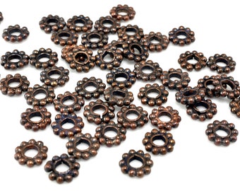6mm -49pcs Antique Copper Spacer Beads, copper plated for jewelry making, Dark Copper Daisy Spacers