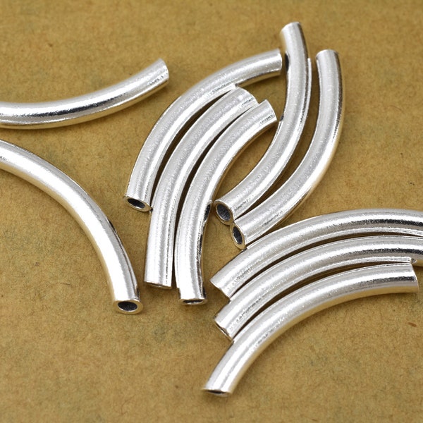 25mm - 10pc shiny silver plated curved tube beads, noodle beads, pipe beads for jewelry making, size 25 to 26 mm