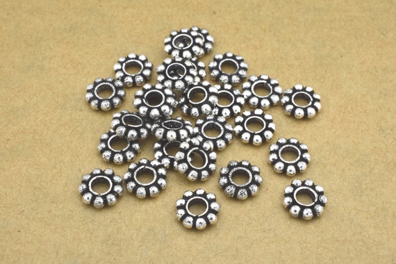 7mm 26pcs Large Hole Silver Daisy Spacer Beads, Antique Silver