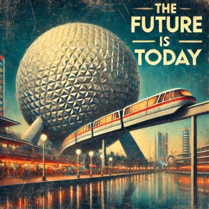 Puede incluir: Una ilustración de estilo vintage de una ciudad futurista con una gran cúpula geodésica, un tren monorraíl y el texto "El futuro es hoy".
