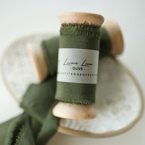 Olive Green | Luxe Silk Ribbon | 100% Silk | Hand ripped;  Wedding bridal bouquet, invitations, favors, wedding photography styling