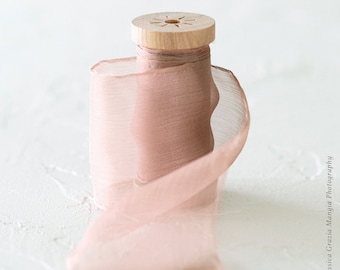 Heirloom Rose | Crinkle Silk Ribbon | 100% Silk Chiffon | Blush Wedding bridal bouquet, invitations, wedding favors