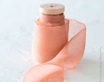 Coral | Crinkle Silk Ribbon | 100% Silk Chiffon; Pink Wedding bridal bouquet, invitations, wedding favors