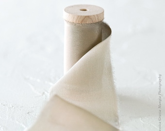 Praline Cream Luxe Silk Ribbon: Hand-Ripped Taupe Beige, 3-Yard Spool