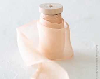 Peach Crinkle Chiffon Silk Ribbon: Bridal Bouquet Ribbon, Wedding Favors