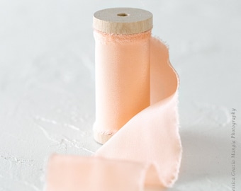 Carnation Peach Luxe Silk Ribbon: Hand-Ripped Edge, Wedding Bouquet Ribbon