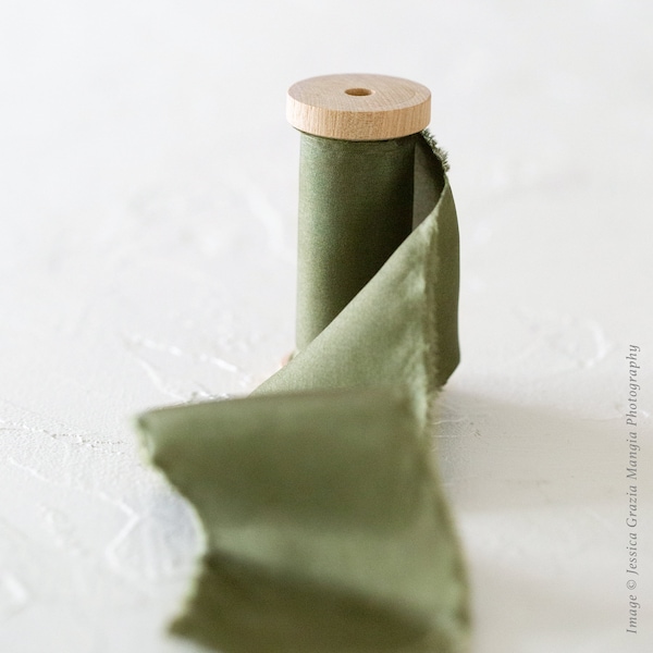 Olive Green | Classic Silk Ribbon | 100% Silk | Hand ripped;  Wedding bridal bouquet, invitations, favors, wedding photography styling