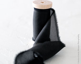 Black Luxe Silk Ribbon: Hand-Ripped Wedding Bouquet Ribbon