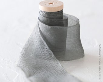 Dove Grey Crinkle Silk Chiffon Ribbon: Handmade Wedding Bouquet Ribbon
